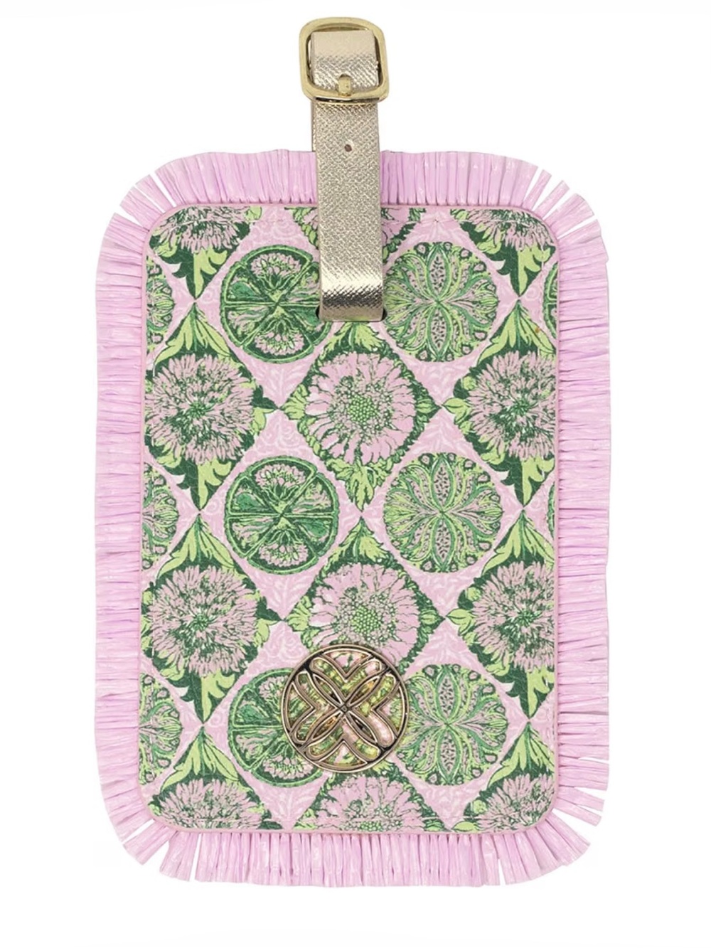 Lilly Pulitzer Pink & Green & Gold Floral Fringe Ruffle Trim Luggage Tag - New